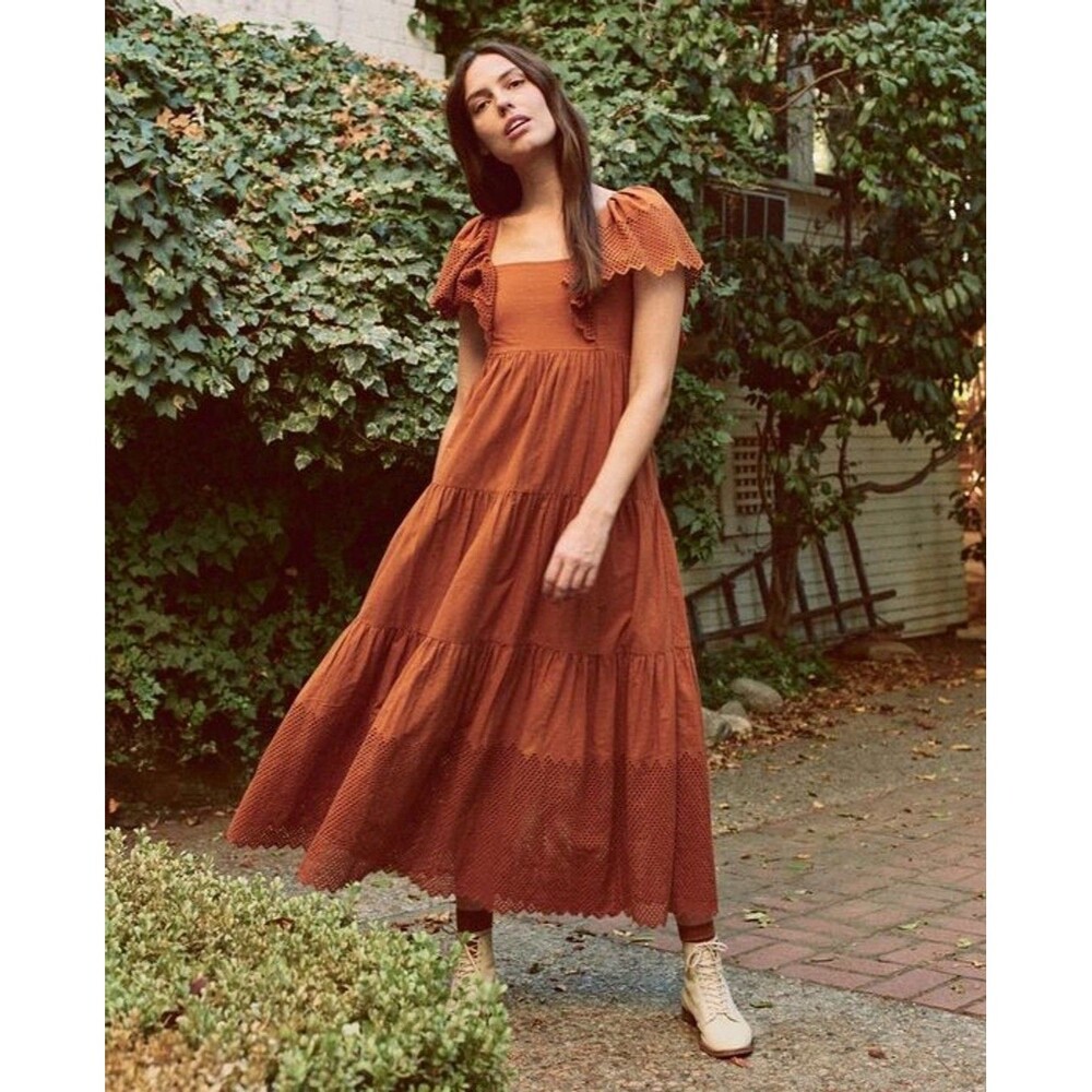 The Great Eyelet Hummingbird Midi Dress Tiered Embroidered Resort S-1 NEW 279870